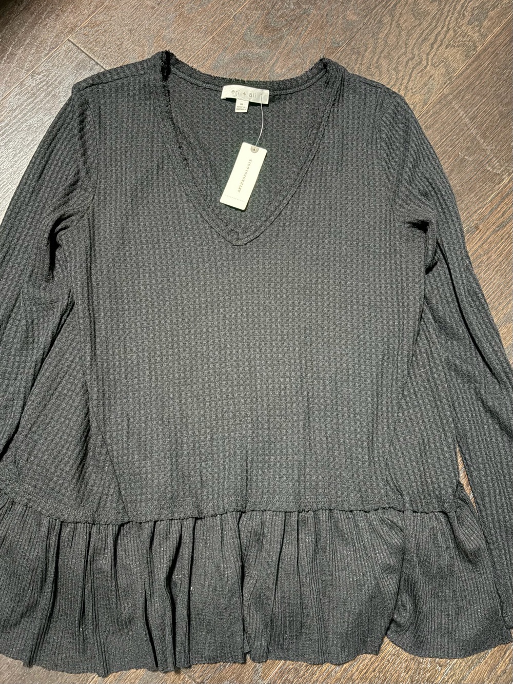 Anthropologie Black Waffle Knit V-Neck Peplum Top
